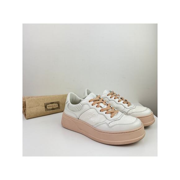 GUCCI Calfskin Giant GG Tennis Embossed Platform 55mm Sneakers White Nude 37.5 - Picture 1 of 12